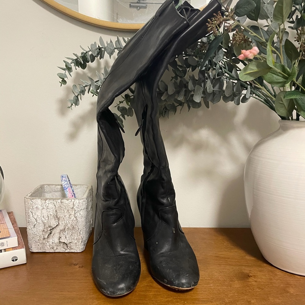 Genuine leather black knee high boots